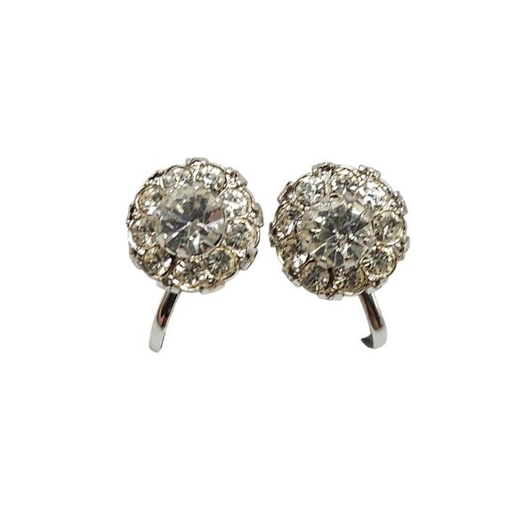 Vintage Coro Screw Back Clip Earrings With Clear Rhinestones Silver Tone Metal - Picture 1 of 4